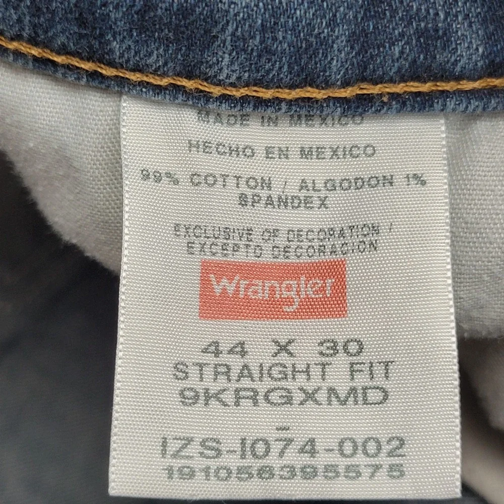 Wrangler Jeans Mens 44x30 Blue Denim Stretch Faded Grunge Straight Fit Americana